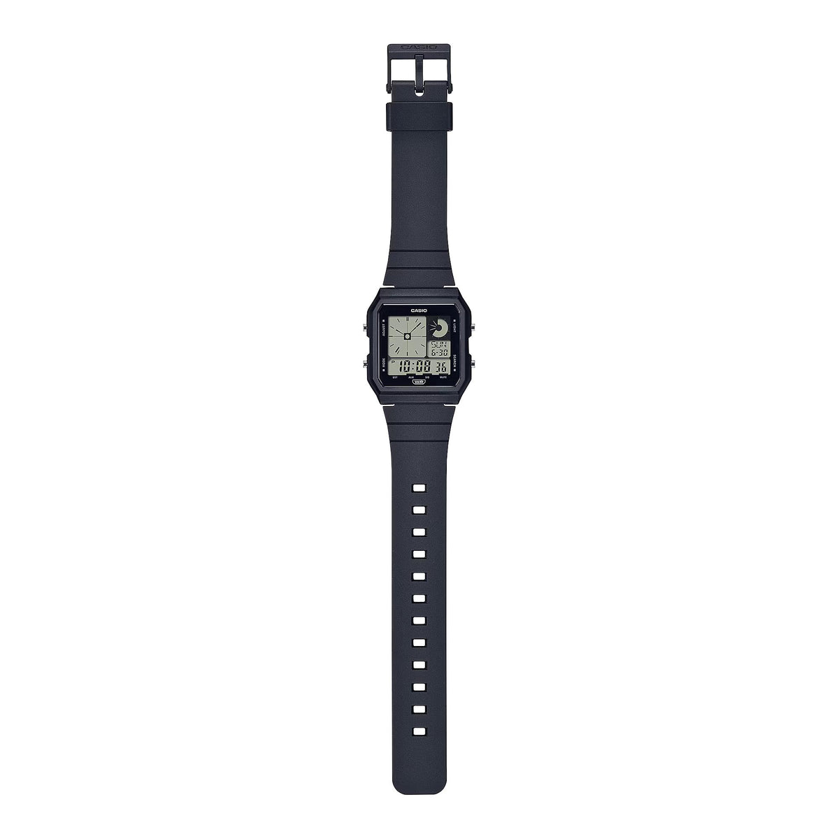 Black digital resin strap watch with LCD display and square case
