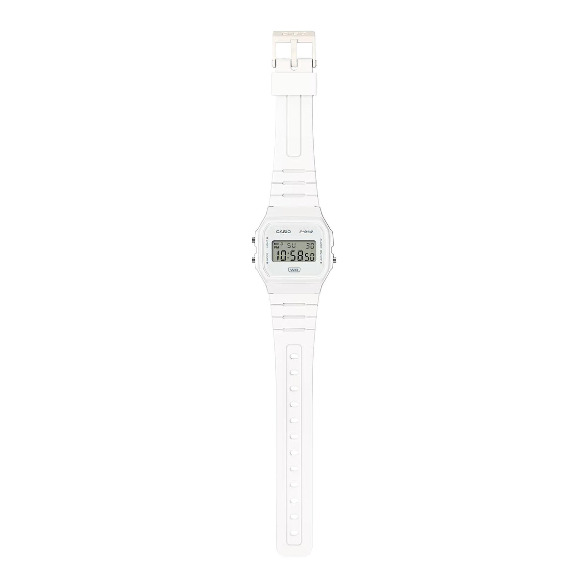 White resin strap digital quartz watch with digital display and small buttons