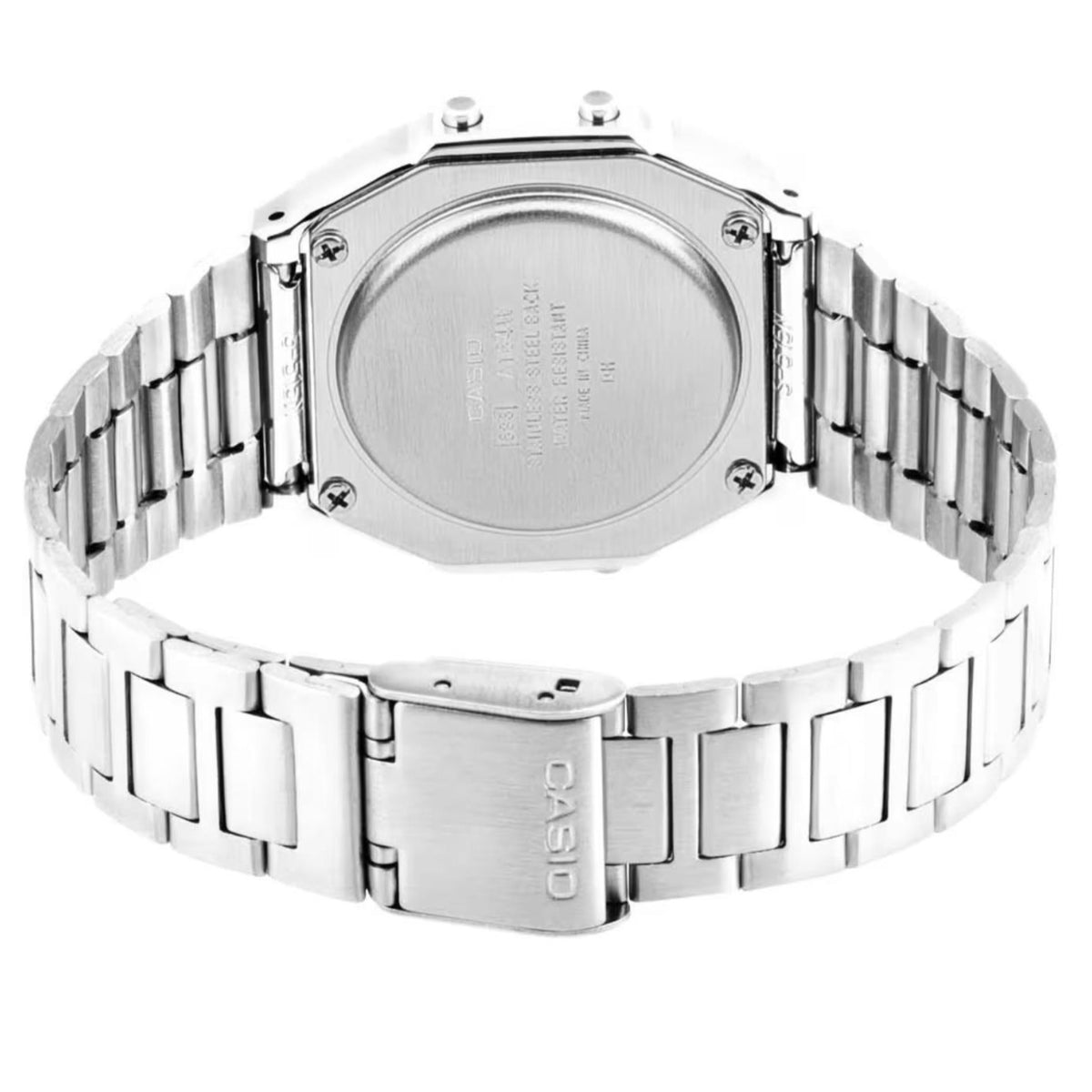 Casio A164WA-1VES steel watch caseback with engraved back plate