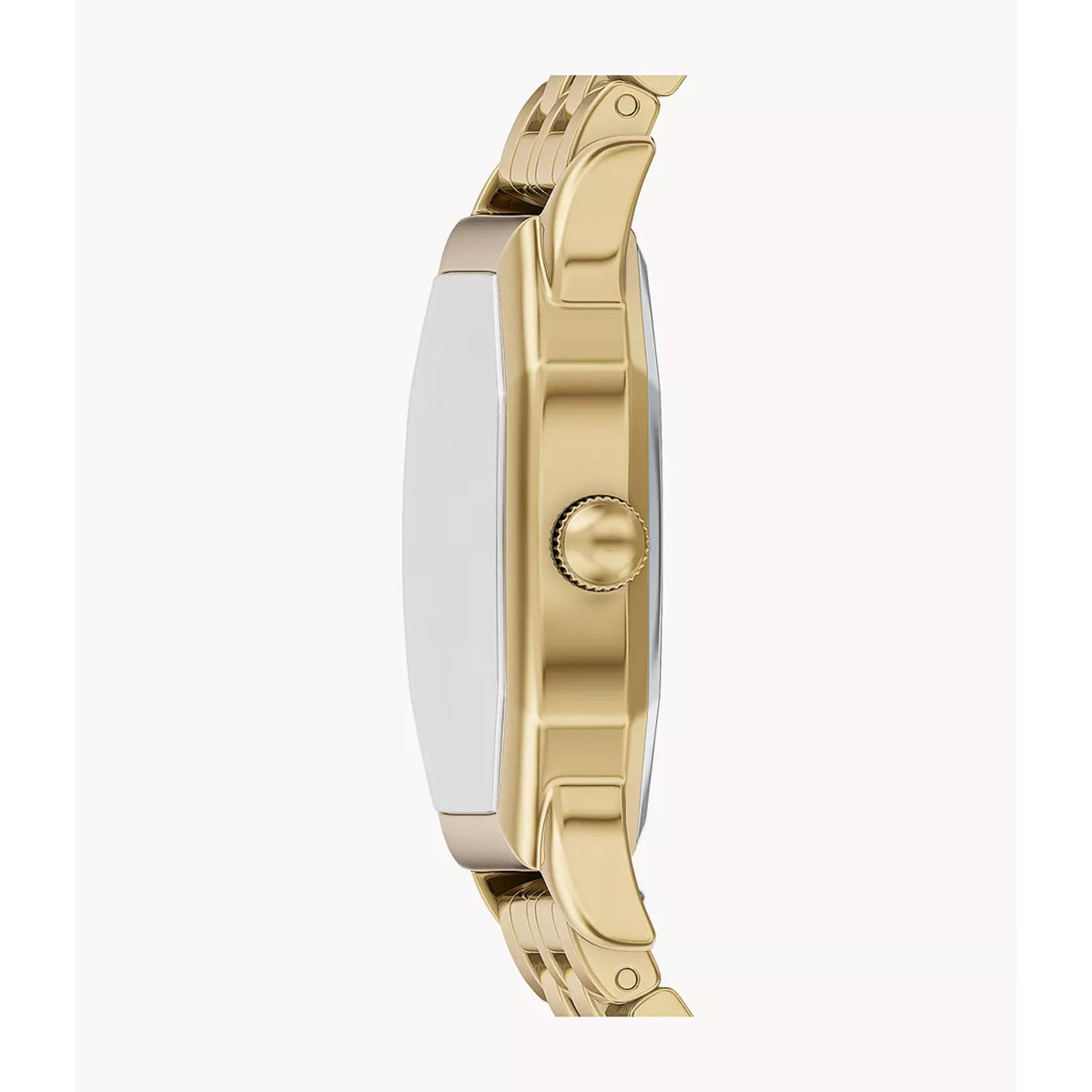 Gold-tone steel quartz watch with black dial, visible crown, side profile