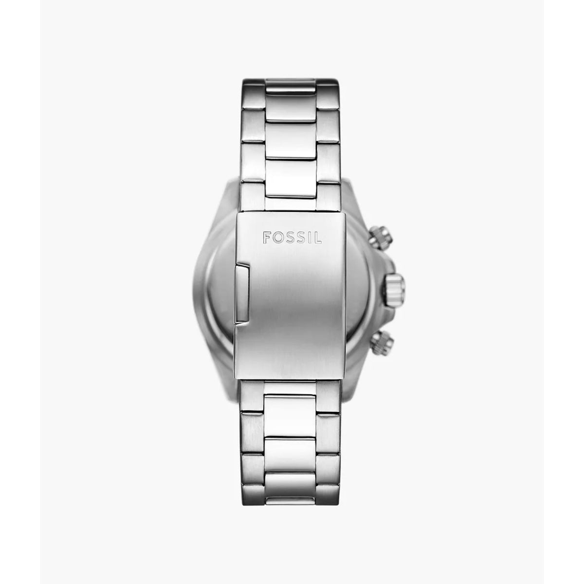 Back angle of the Fossil Autocross FS6124 watch showcasing the brushed stainless steel bracelet and engraved fold-over clasp mechanism