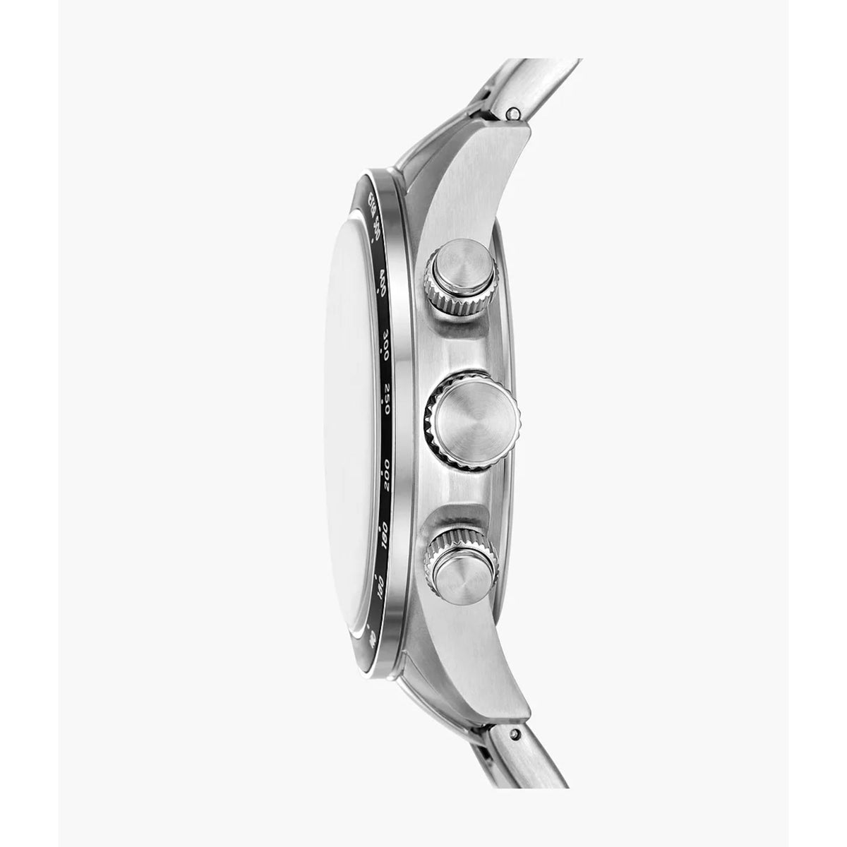 Side perspective of the Fossil Autocross FS6124 wrist watch detailing the steel case, textured crown, and dual push buttons