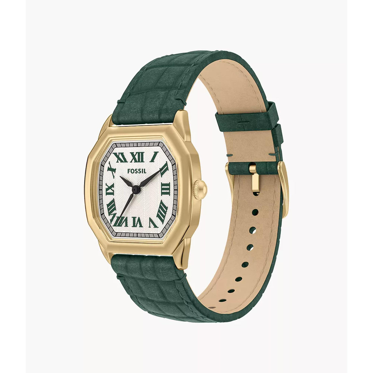 Women’s quartz watch angled view with cream dial, Roman numerals, dark green leather strap