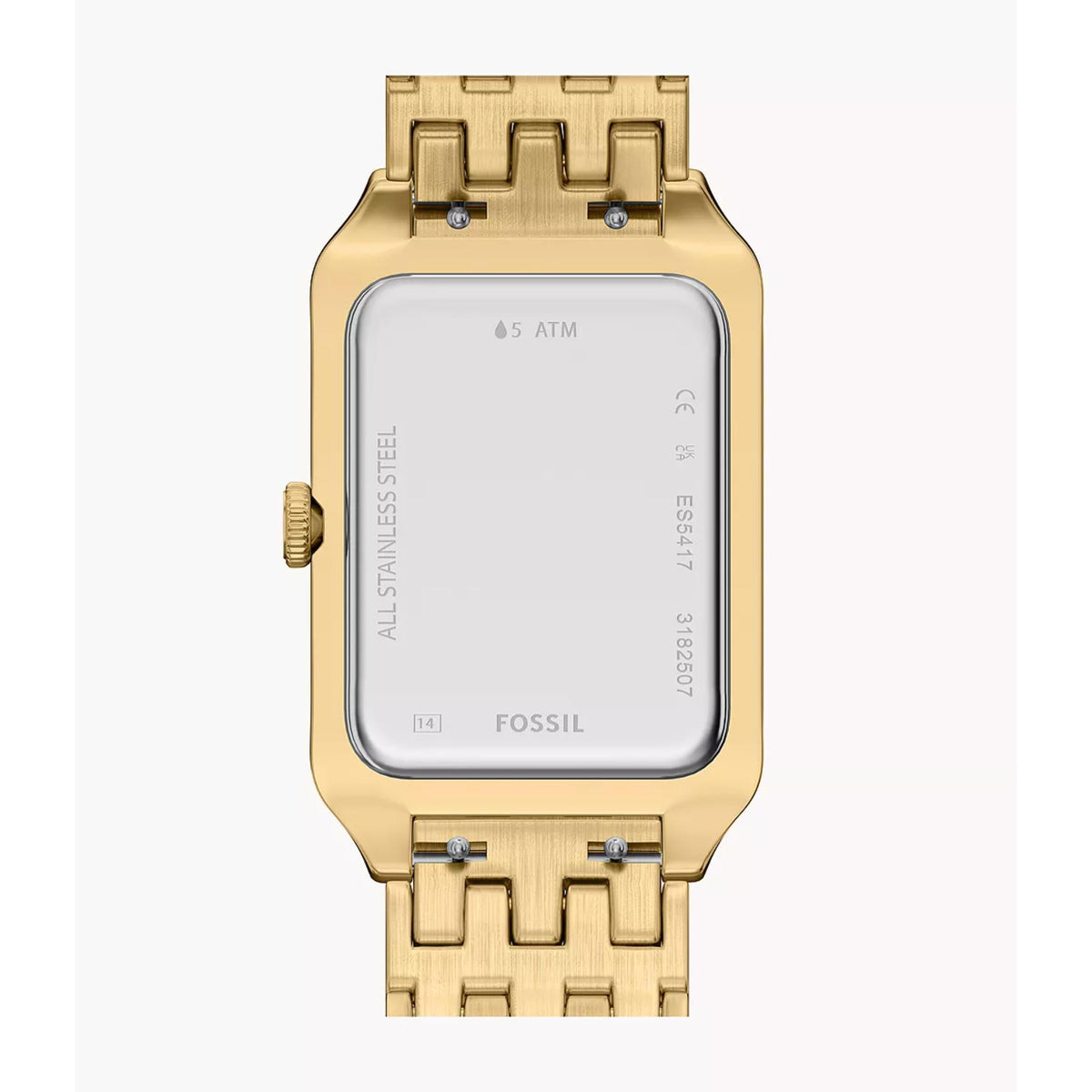 Fossil Raquel ES5417 case back view detailing engraved model information and steel finish
