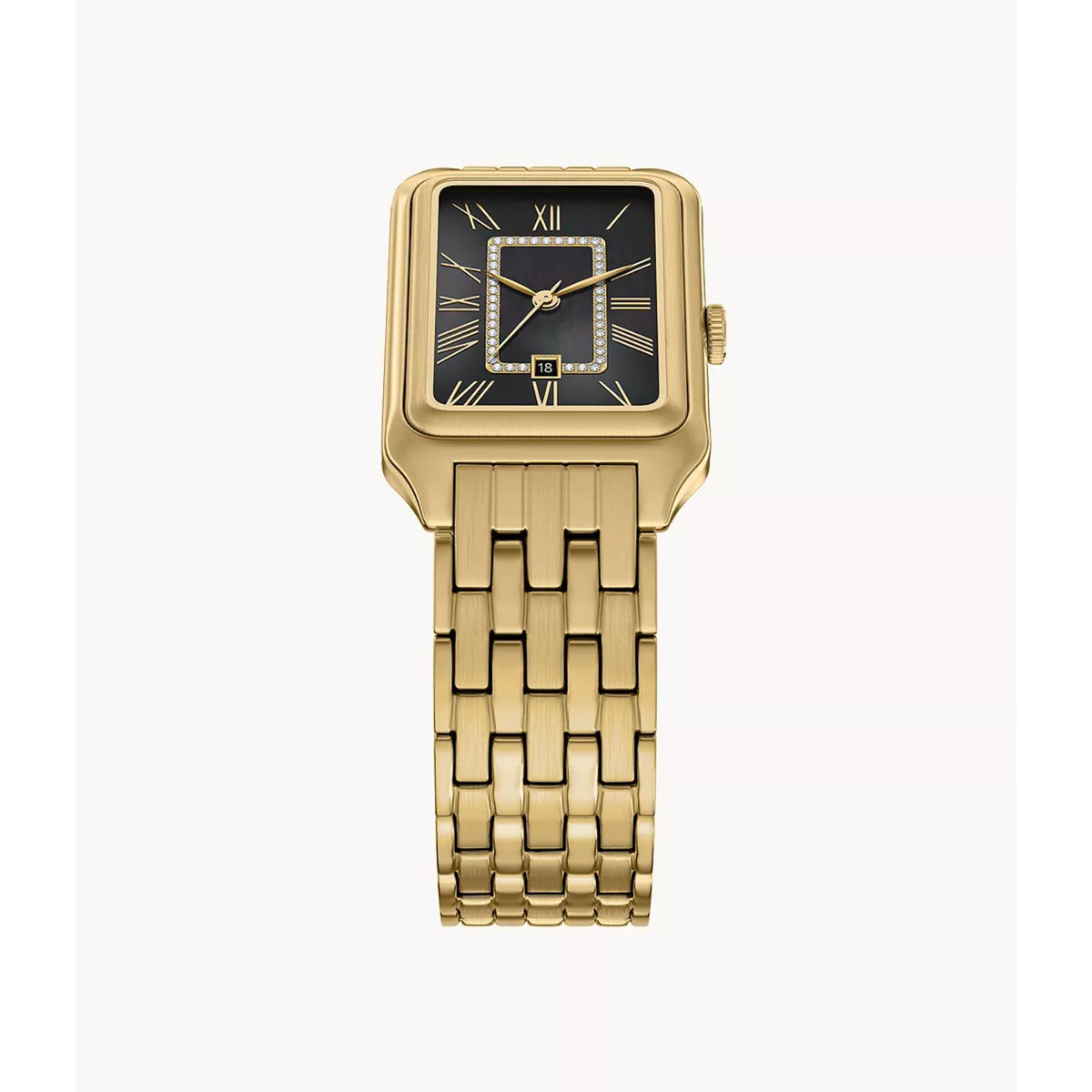 Fossil Raquel ES5417 direct view highlighting rectangular case design and Roman numeral markers