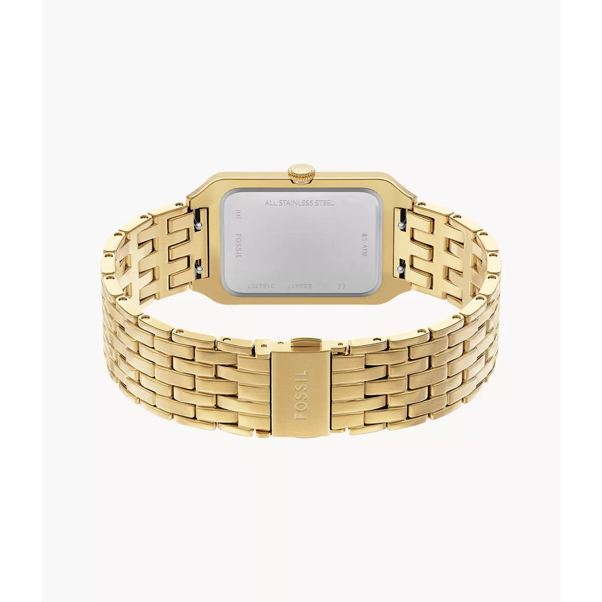 Fossil Raquel ES5417 elevated back angle showing open link bracelet and case back layout