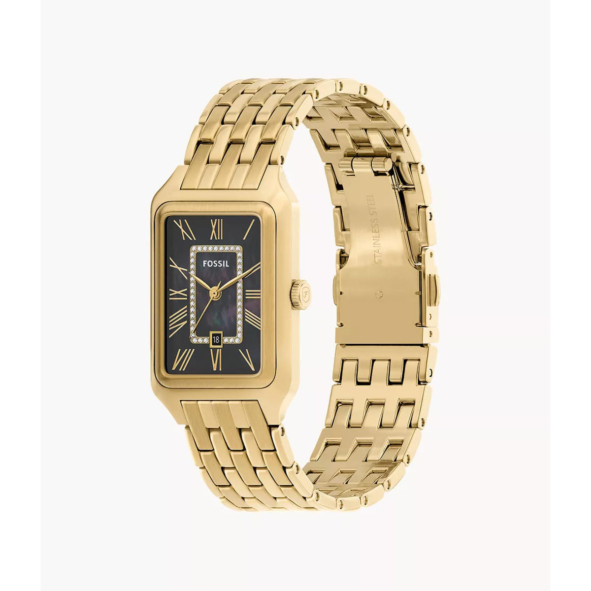 Fossil Raquel ES5417 three-quarter angle view detailing steel bracelet band and rectangular watch head