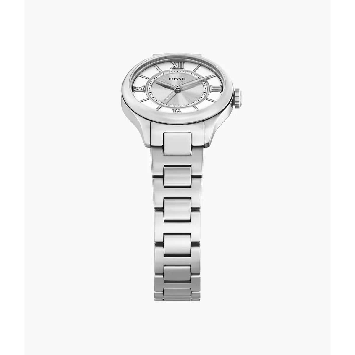 Round silver dial steel watch with segmented link bracelet
