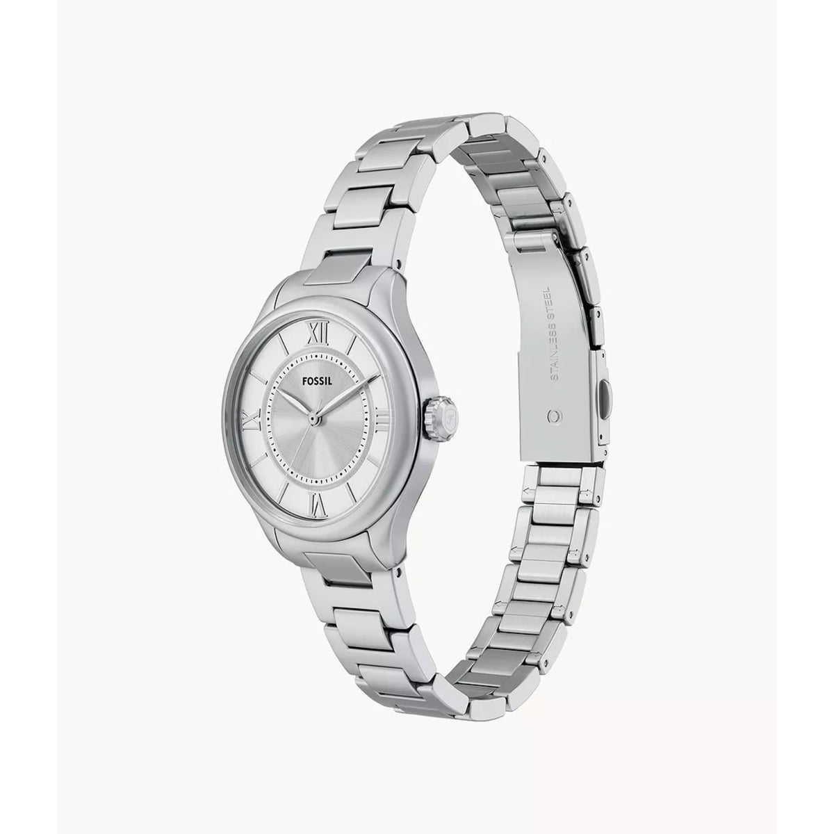Silver-tone steel ladies quartz watch with Roman numeral dial