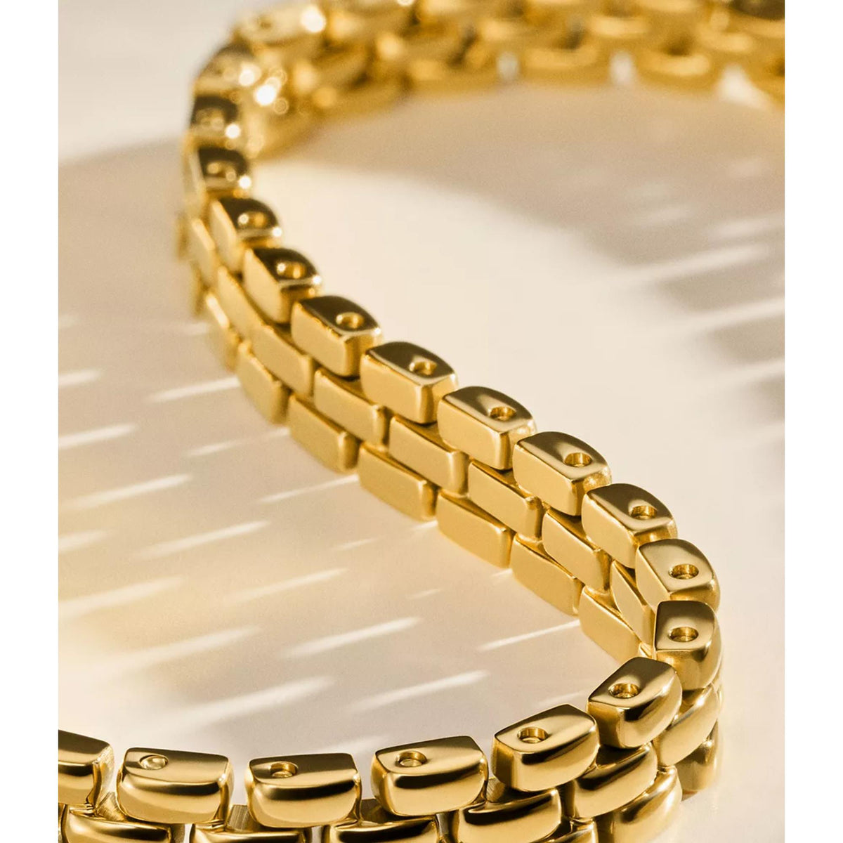 Close-up of gold-tone stainless steel link necklace with clasp details