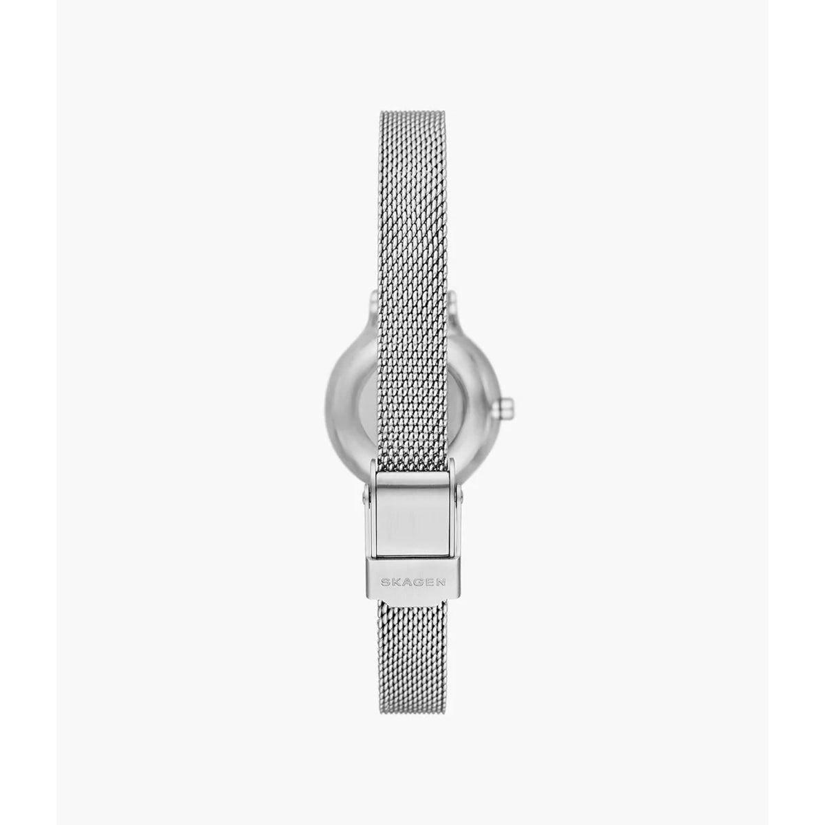 Silver Skagen watch with mesh steel strap and rectangular clasp, side view