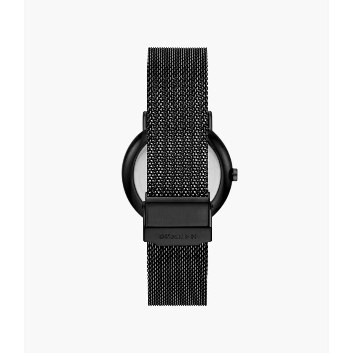 Men's watch case with black mesh strap, angled back view