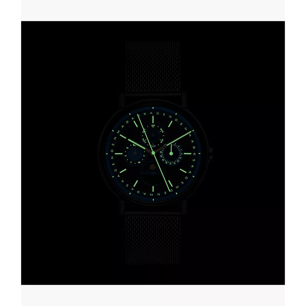 Men's wristwatch with black dial, green accents, and black mesh strap
