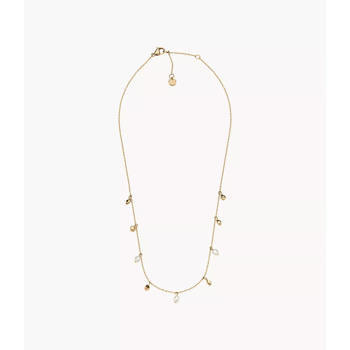 Gold-tone necklace with dangling charms and small pearl bead drops