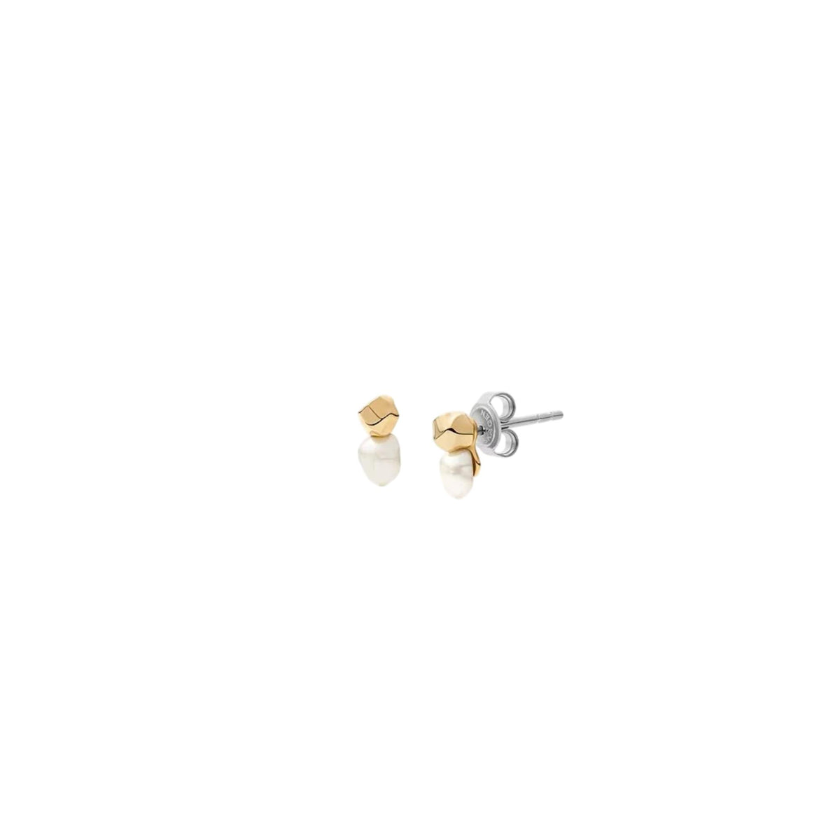 Gold-tone and white pearl stud earrings with square caps and silver posts
