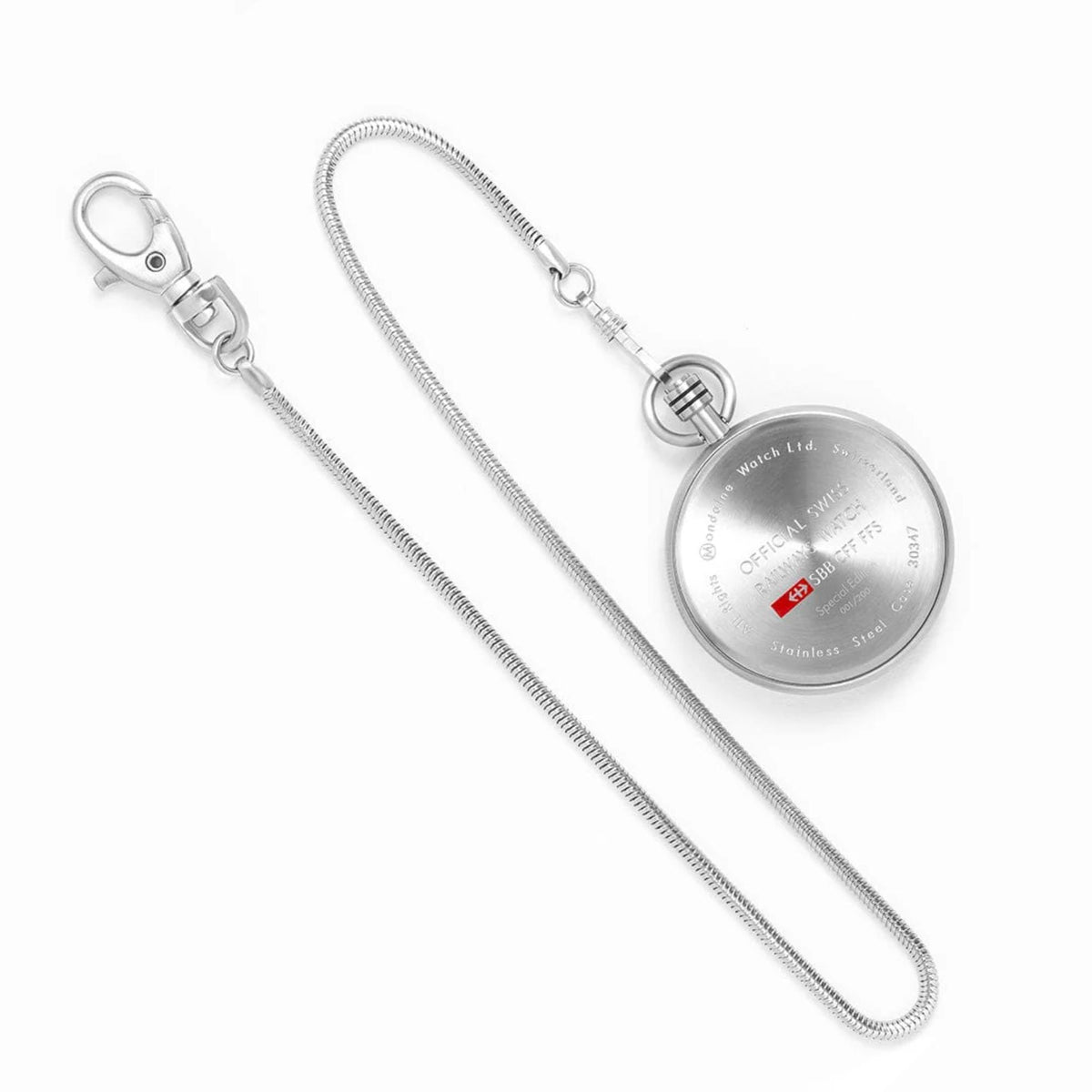 Silver-tone pocket watch on two chains with spring clasp and round case