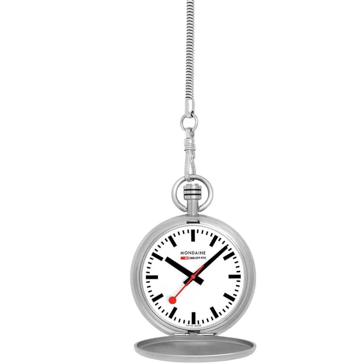 Silver-tone pocket watch on chain with white dial and red center detail