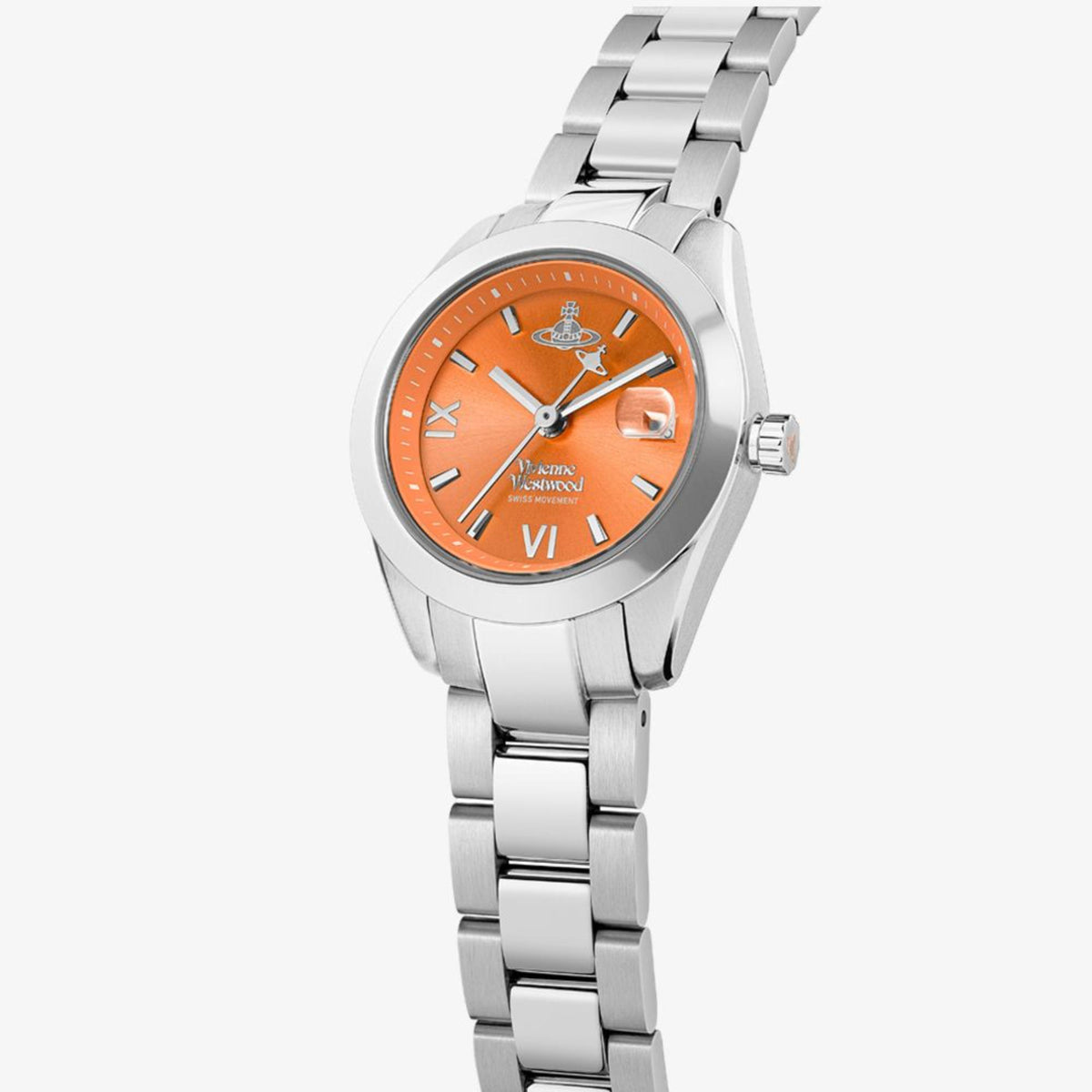 Women’s stainless steel watch with orange dial, round case, and silver bracelet