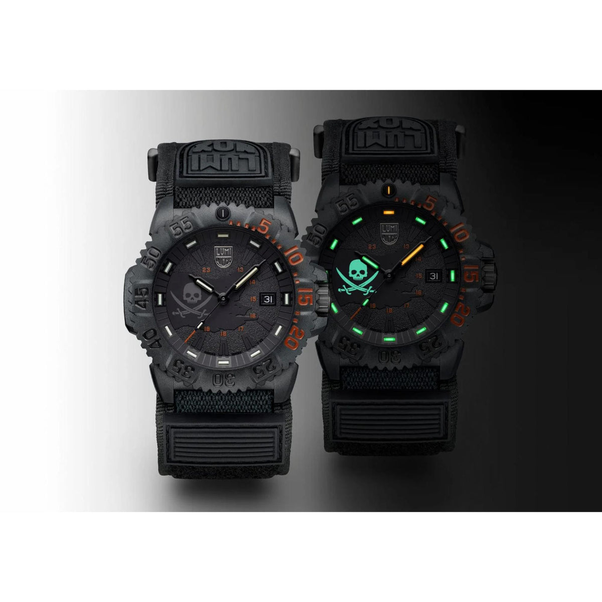 Two black Luminox men’s watches side by side, one with orange accents and one with green glow