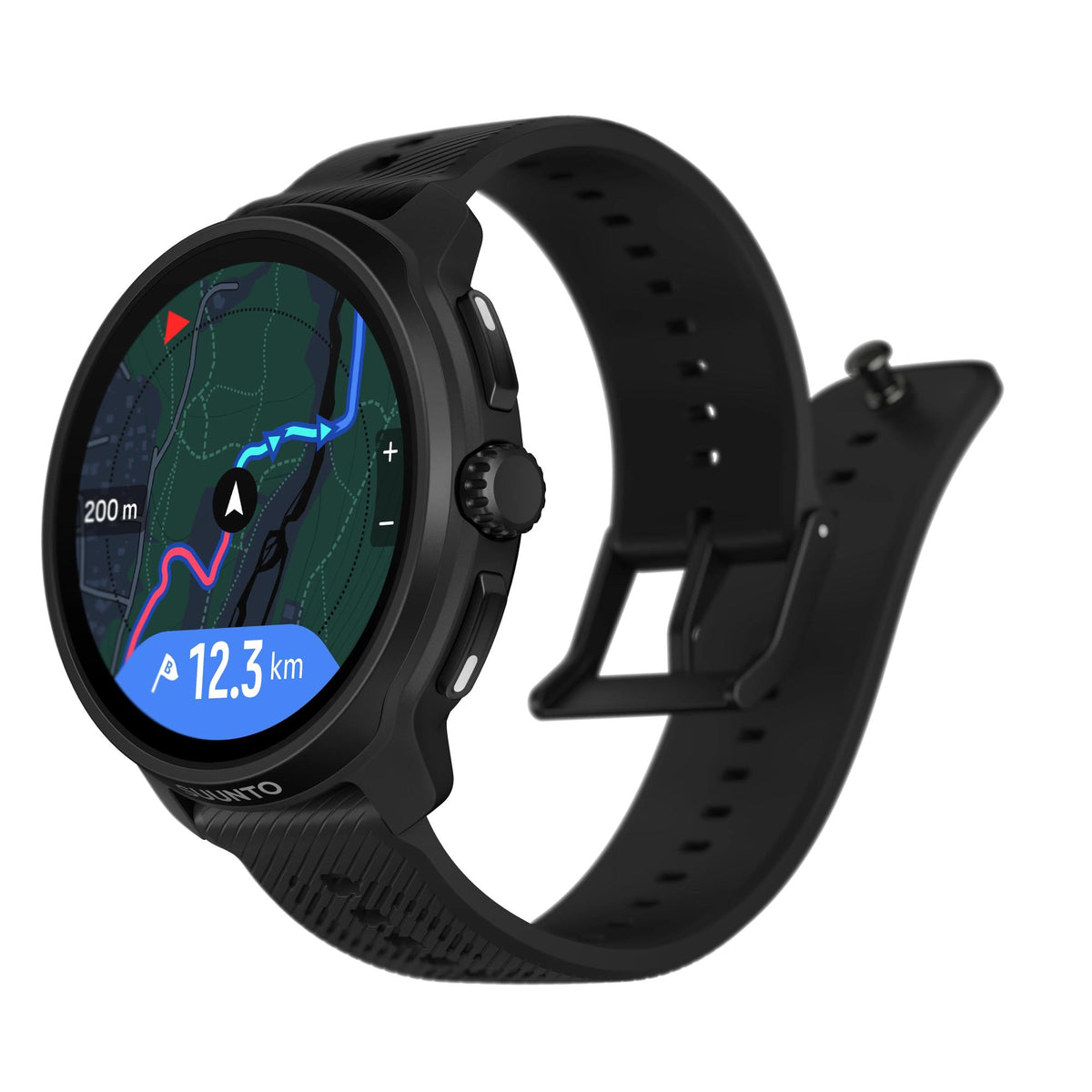 Suunto Race 2 All Black SS051200000 angled view showing GPS navigation map screen and side control crown button