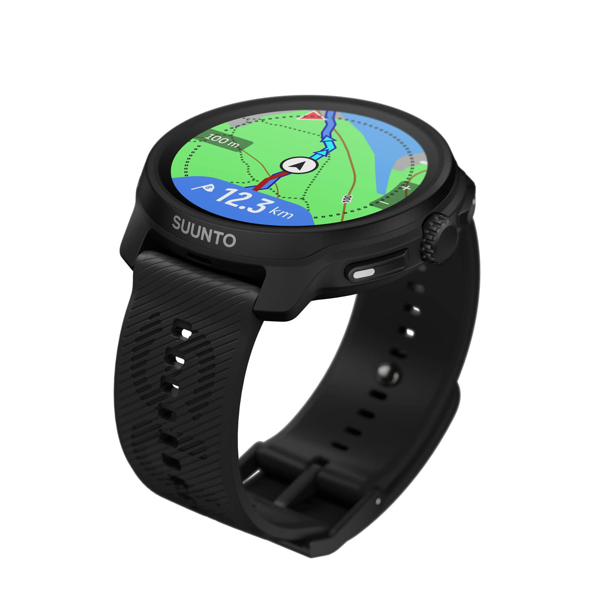 Suunto Race 2 All Black SS051200000 three-quarter perspective highlighting topographic map display and black casing finish