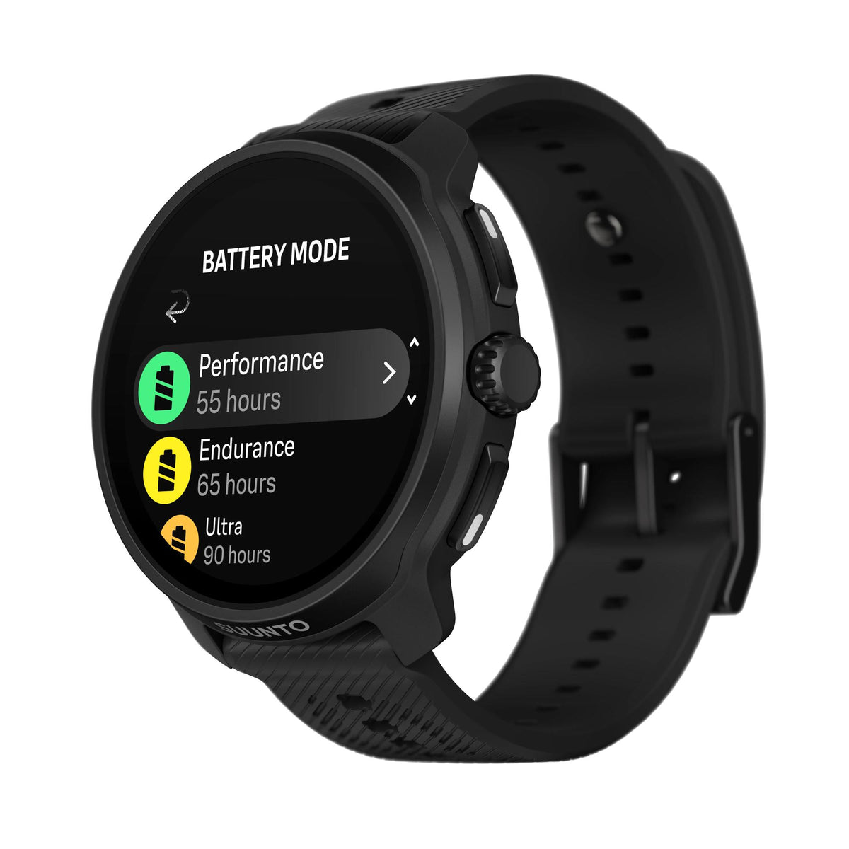Suunto Race 2 All Black SS051200000 perspective view illustrating battery mode menu options and textured silicone strap