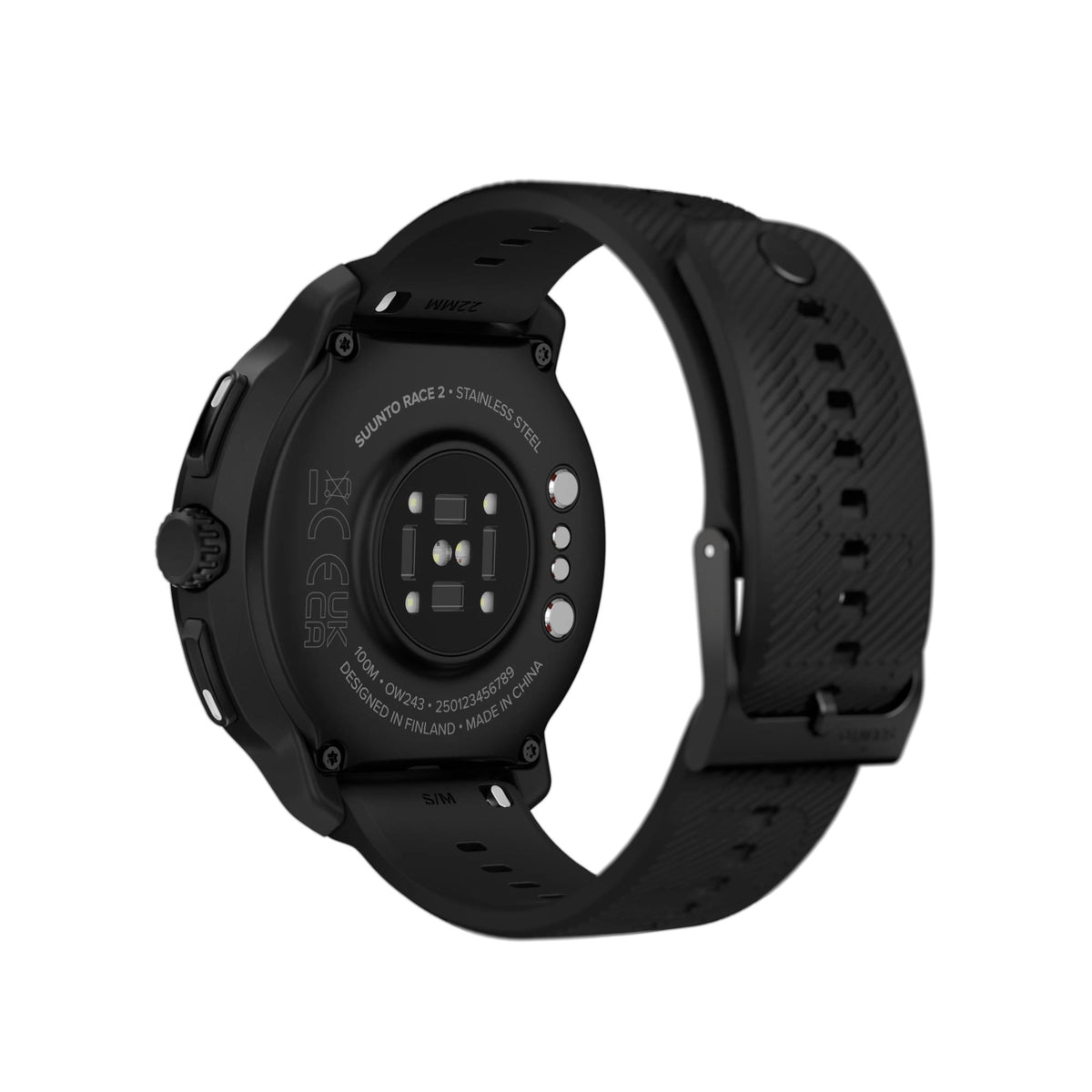 Suunto Race 2 All Black SS051200000 rear view showing optical heart rate sensor, charging contact pins, and pin buckle
