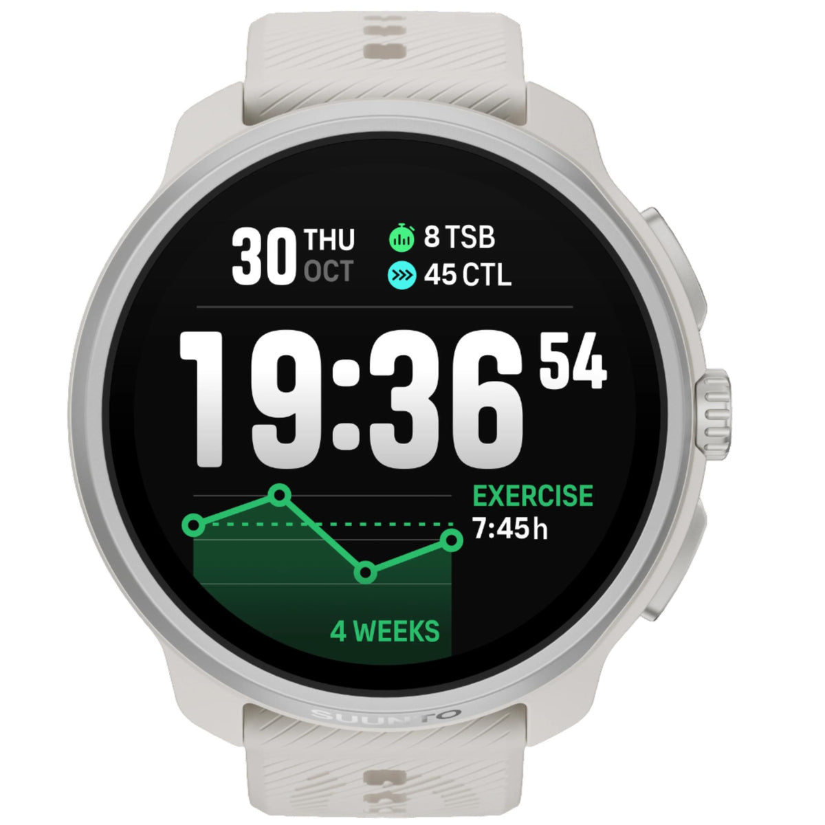 Suunto Race 2 Feather Gray SS051201000 direct front view displaying digital time interface and exercise tracking screen