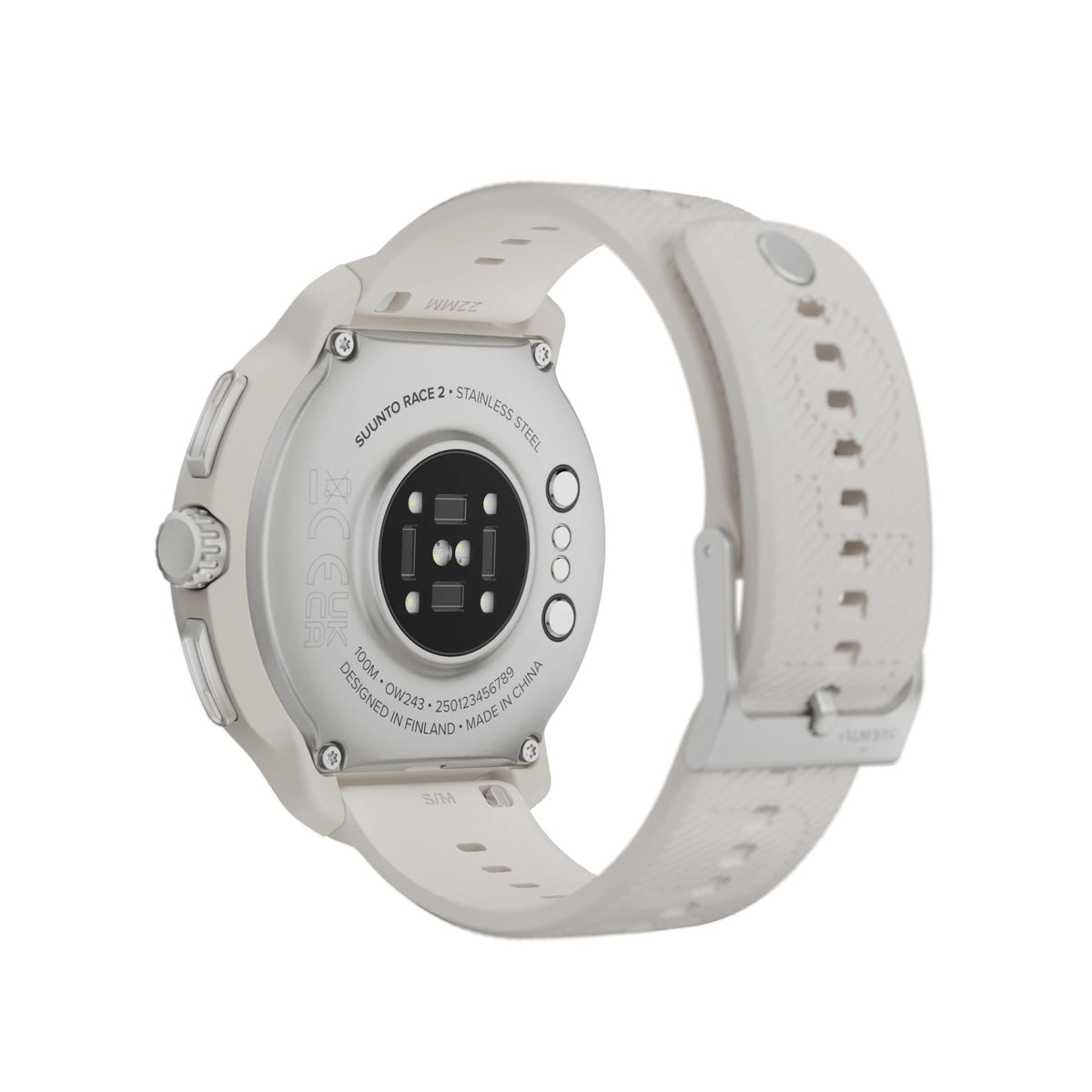 Suunto Race 2 Feather Gray SS051201000 back case view detailing heart rate sensors and charging points