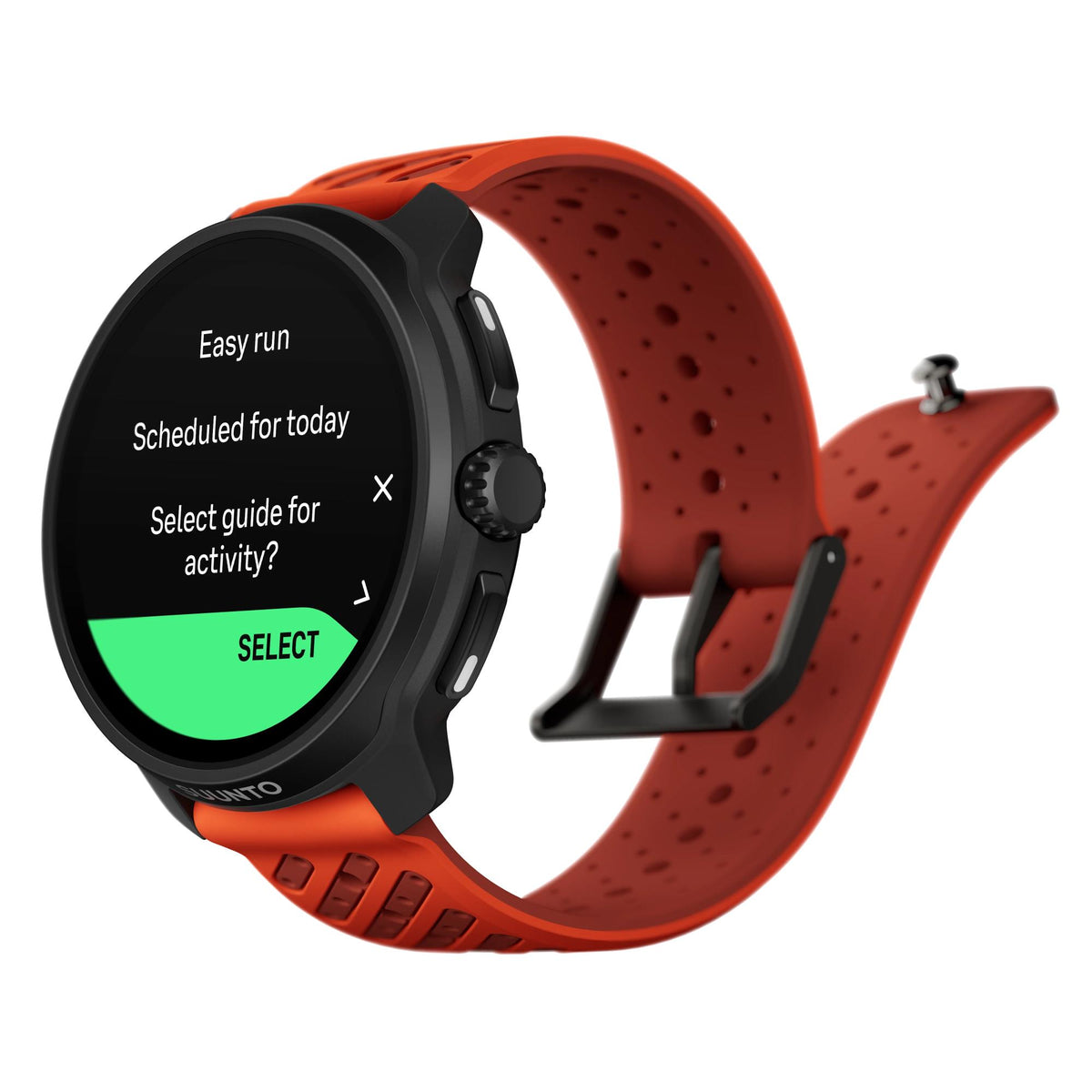 Suunto Race 2 SS051241000 coral orange smart watch perspective view showing workout guide prompt on digital display