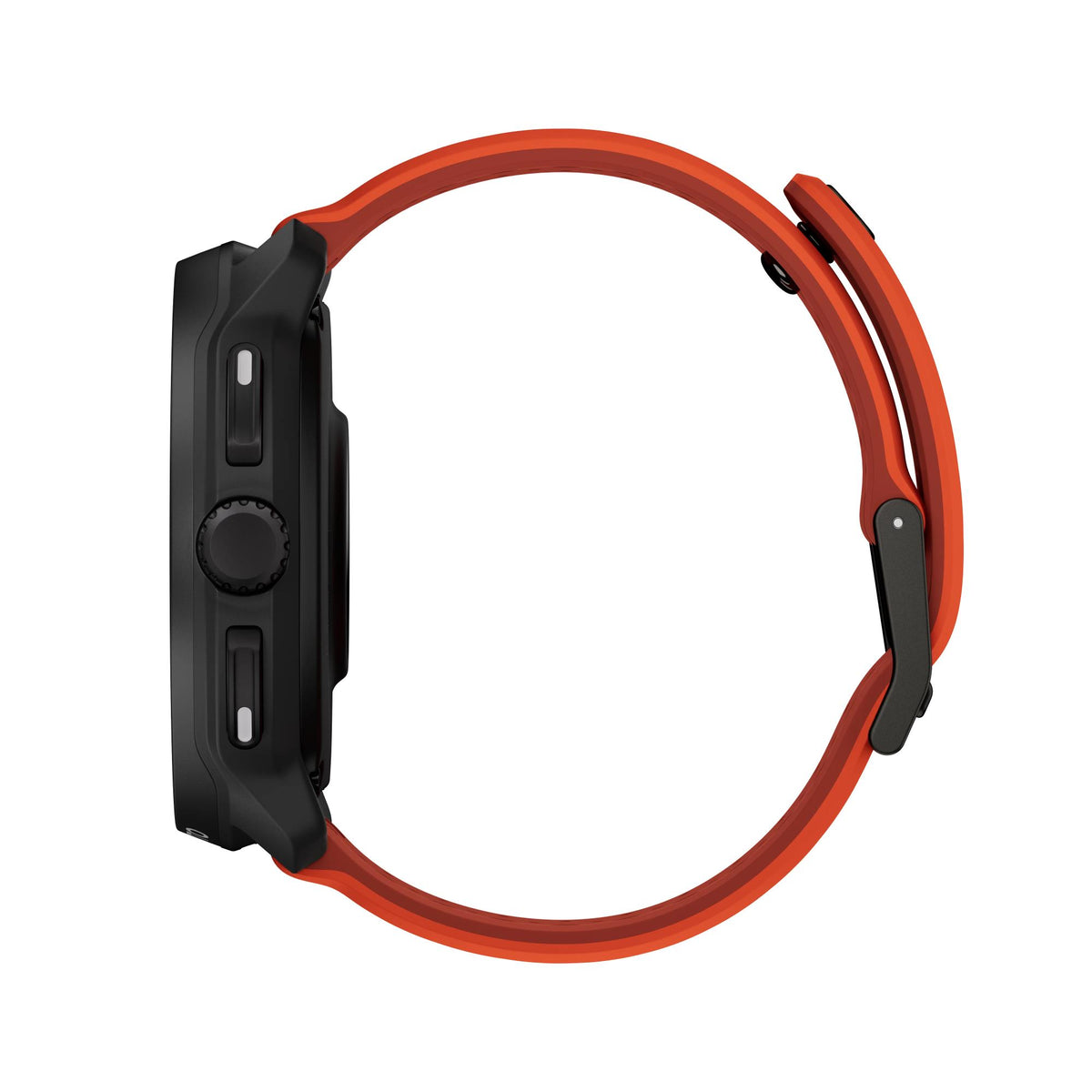 Suunto Race 2 SS051241000 coral orange smart watch side profile showing black case, digital crown, and side pushers