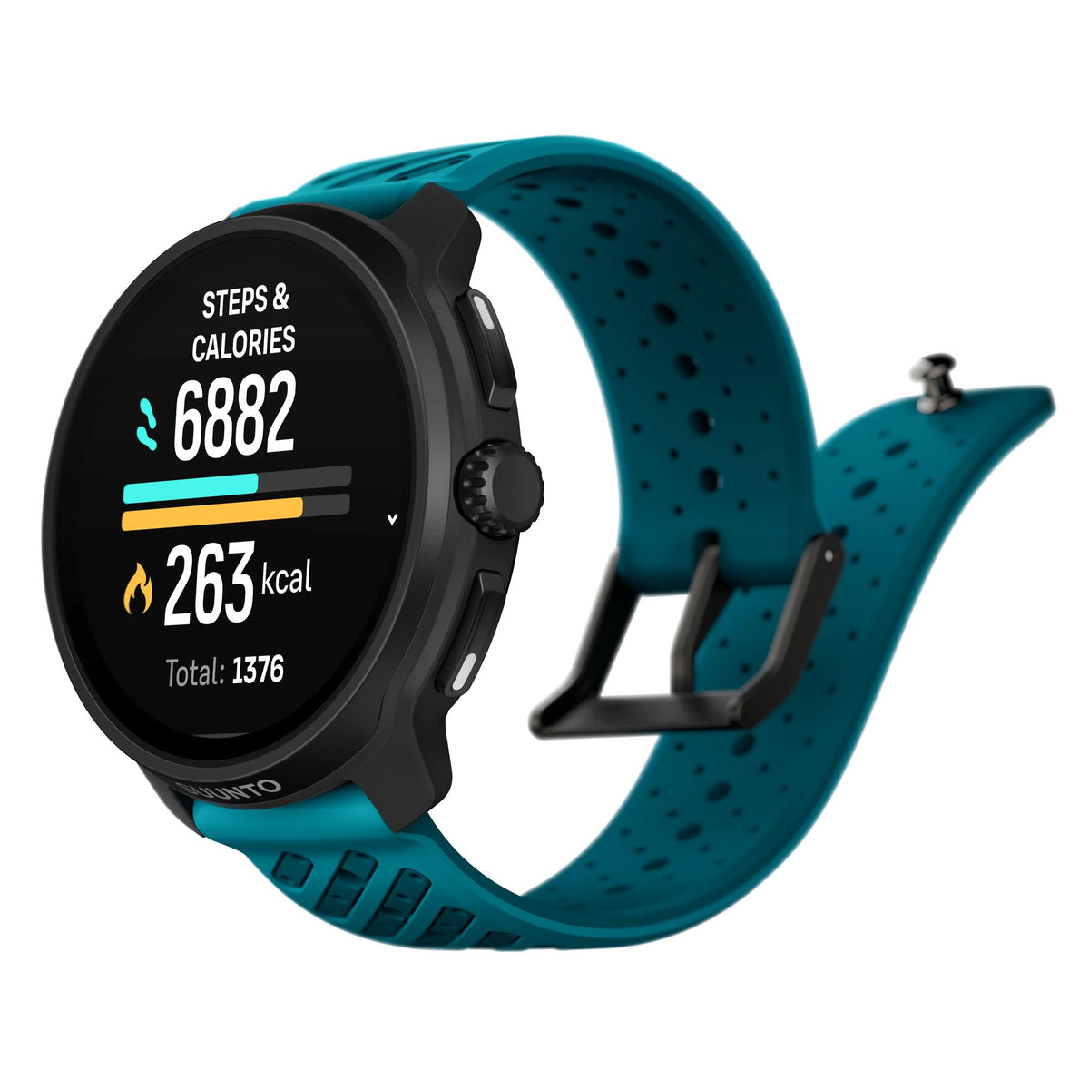 Suunto Race 2 Wave Blue SS051242000 side-angle perspective displaying daily activity metrics menu screen and side control crown button