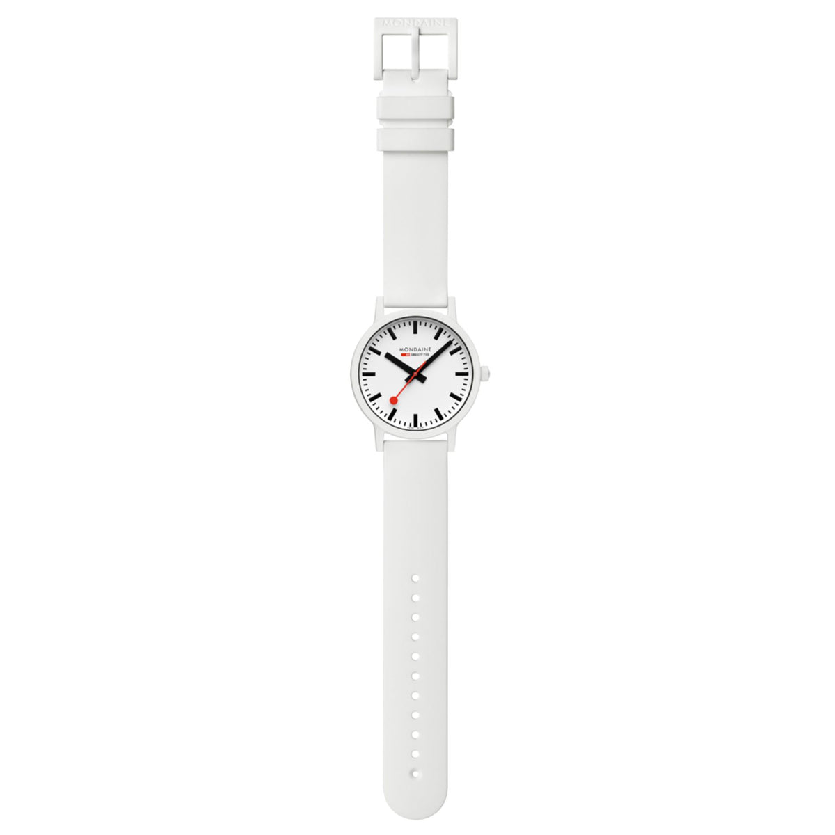 Mondaine Essence watch with white silicone strap, white dial, clasp at top