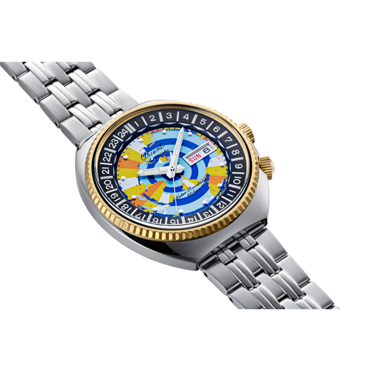 World-map dial wristwatch in silver-tone steel with gold bezel and blue accents