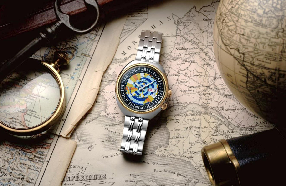 Steel wristwatch featuring a blue multicolour world map dial and dark bezel