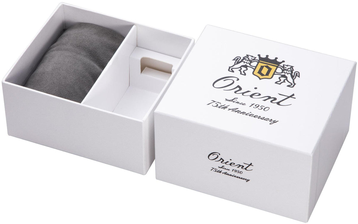 Orient watch gift box with gray insert and wristwatch inside