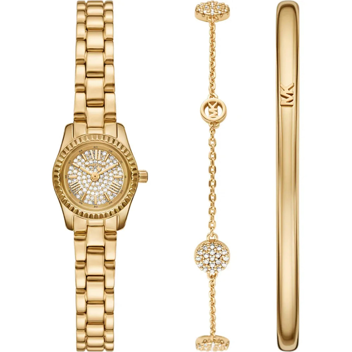 Gold-tone women's watch with crystal pave dial and matching chain bracelet