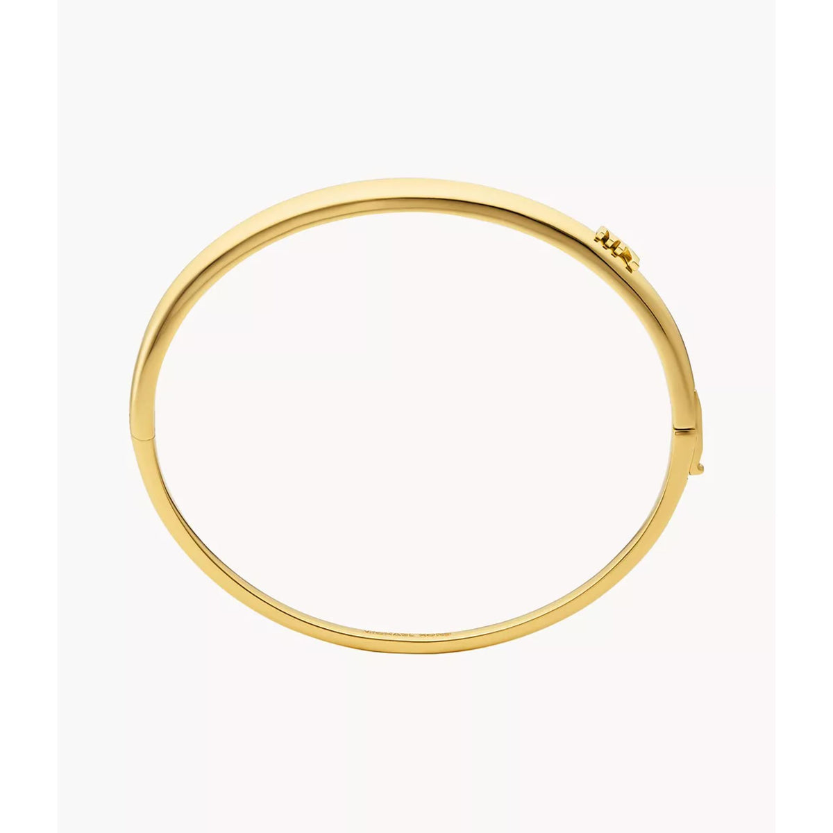 Gold-tone open bangle bracelet with small clasp and subtle edge texture