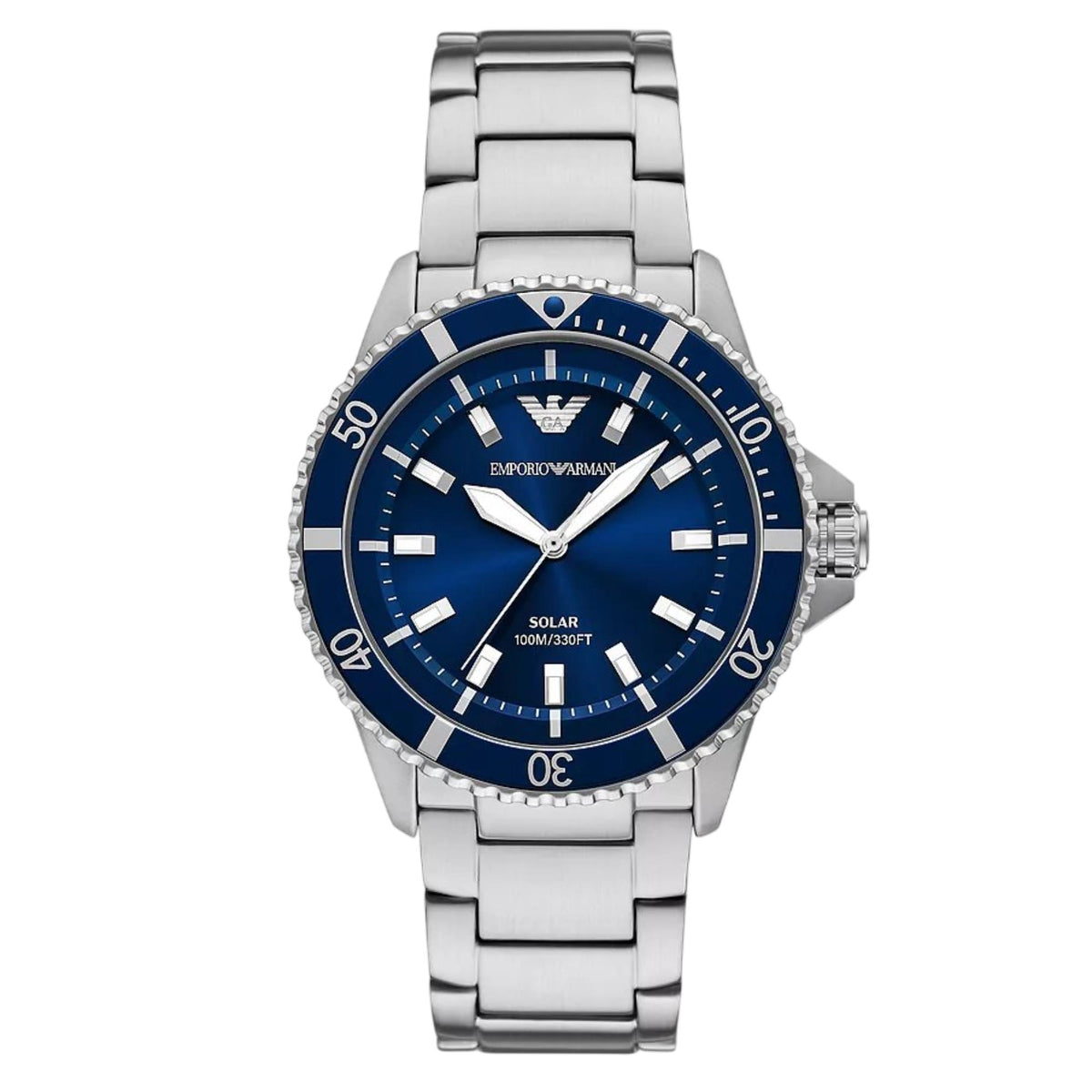 Emporio Armani World Explorer AR11697 mens solar watch featuring a blue dial, matching blue bezel, and stainless steel bracelet