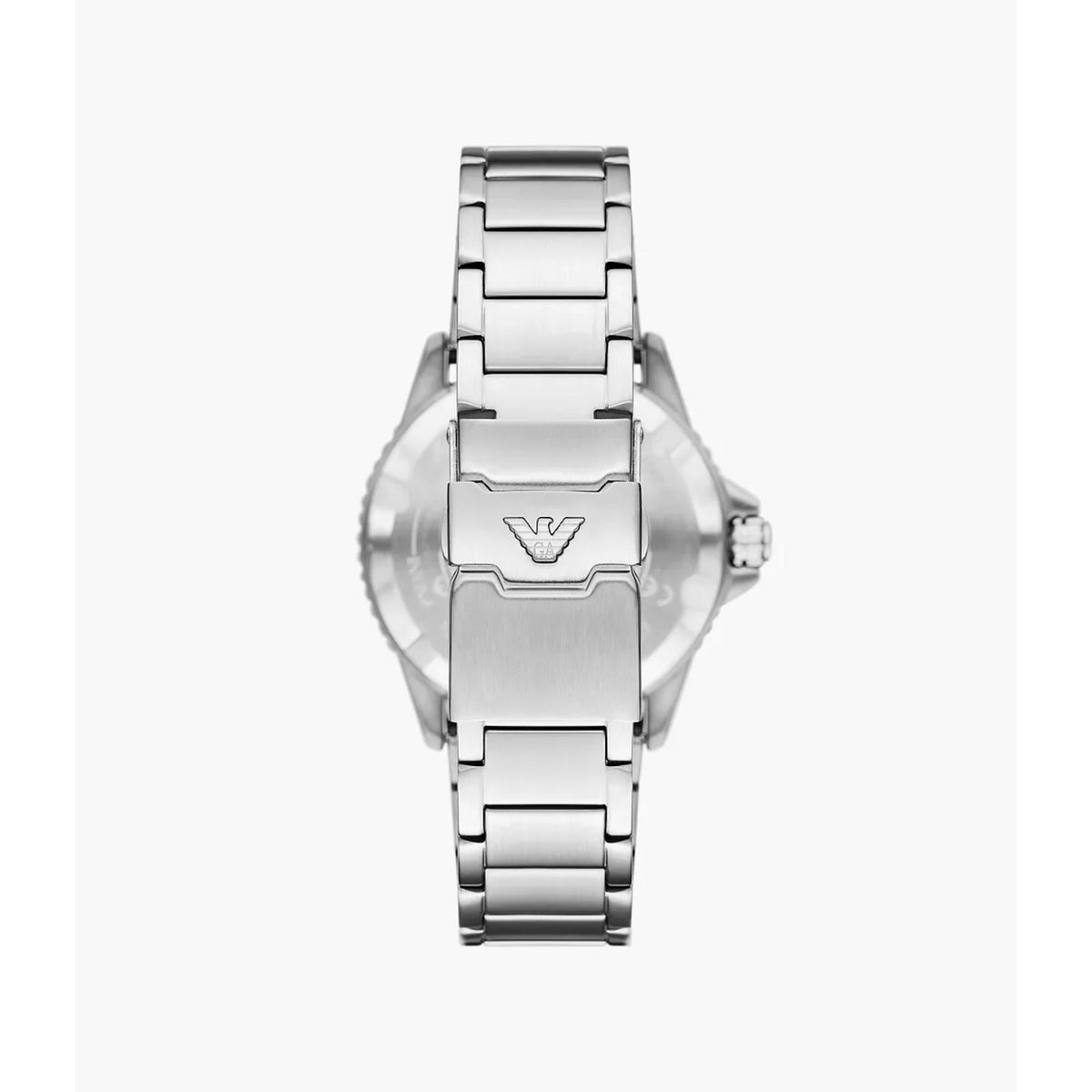 Back view of the Emporio Armani World Explorer AR11697 watch displaying the steel bracelet, folding clasp, and logo engraving