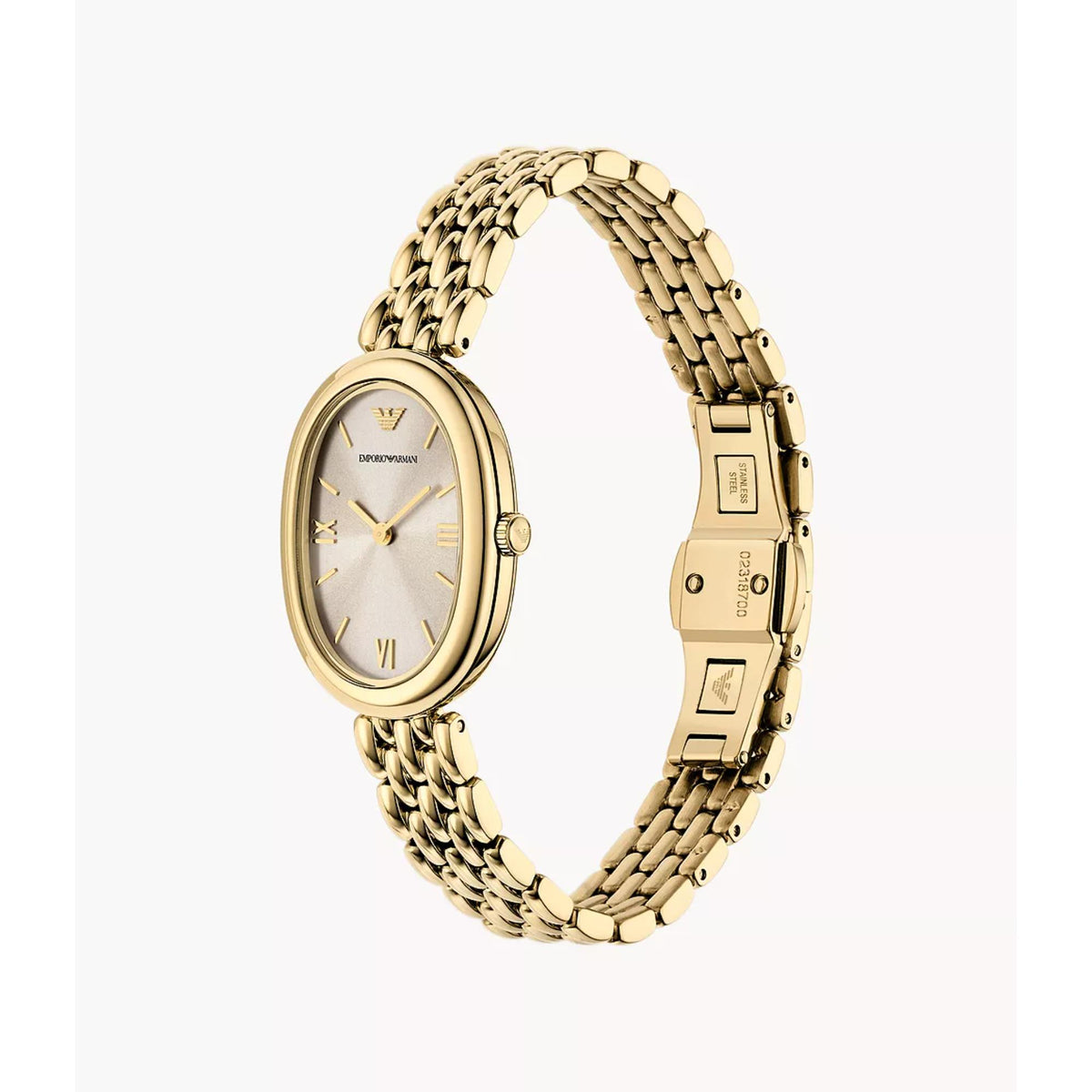 Angled view of the Emporio Armani Ophelia AR11707 timepiece displaying the gold-tone case, rice-link bracelet, and jewelry clasp closure