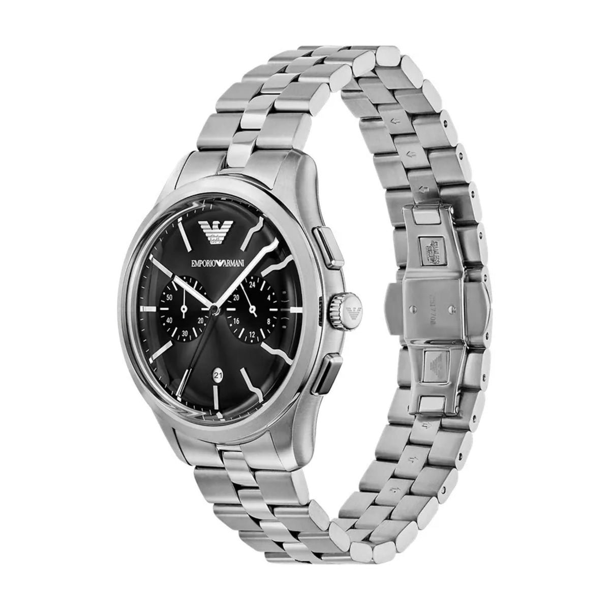 Emporio Armani Dario AR11691 angled three-quarter view showing deployment clasp and mens watch profile