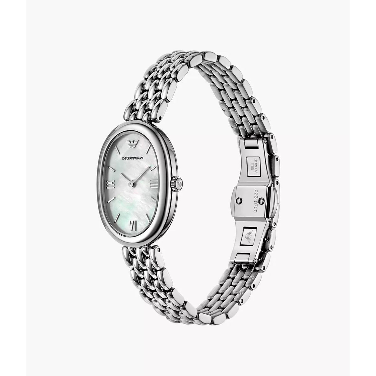 Angled view of the Emporio Armani Ophelia AR11706 timepiece displaying the silver-tone case, rice-link bracelet, and jewelry clasp closure