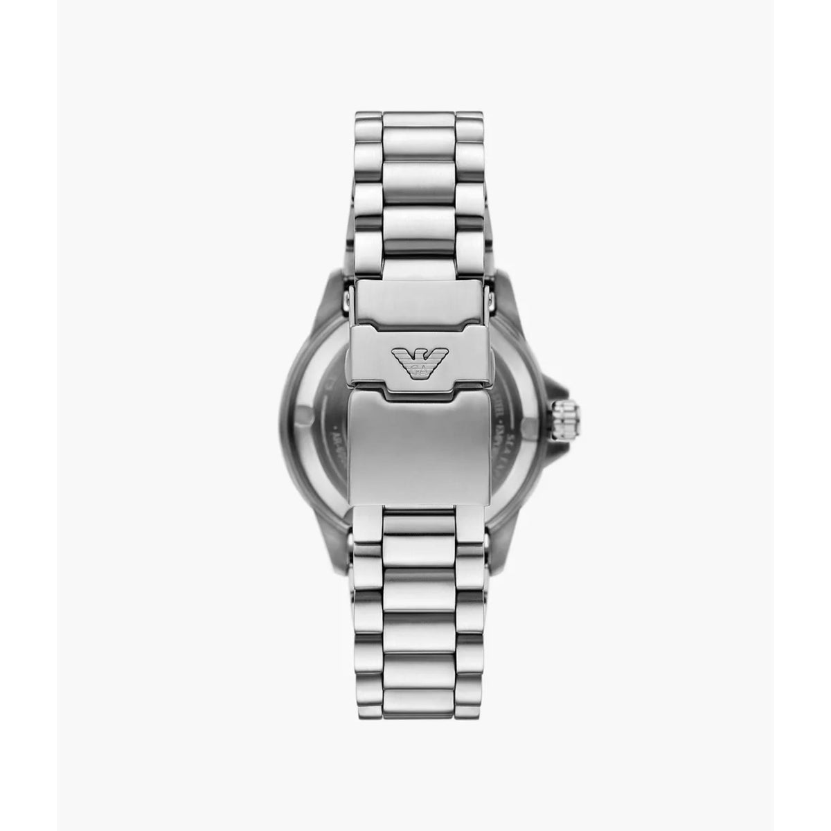 Back view of the Emporio Armani Sea Explorer AR60090 watch displaying the steel case back and folding clasp with logo engraving