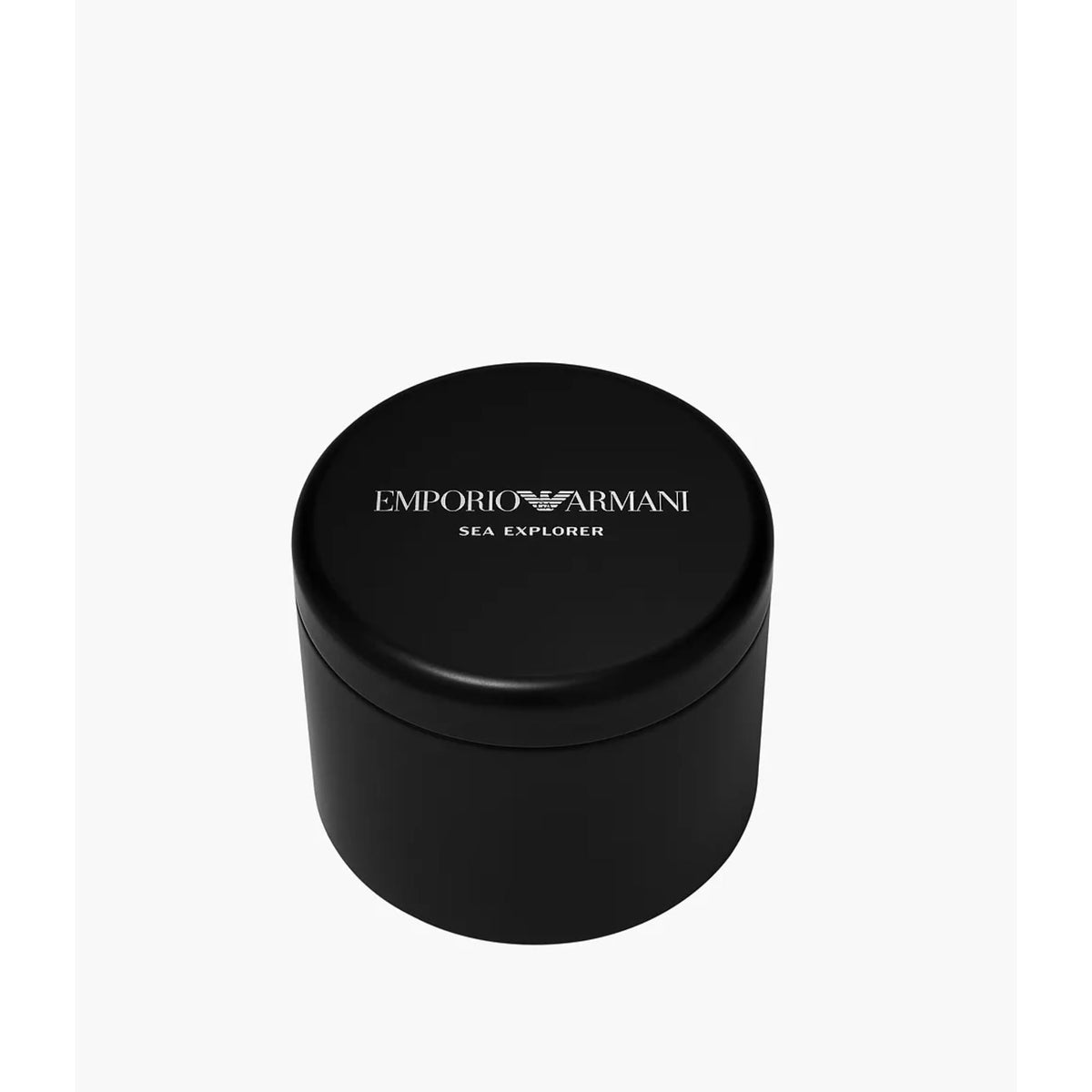 Closed black cylindrical presentation box featuring the Emporio Armani Sea Explorer logo