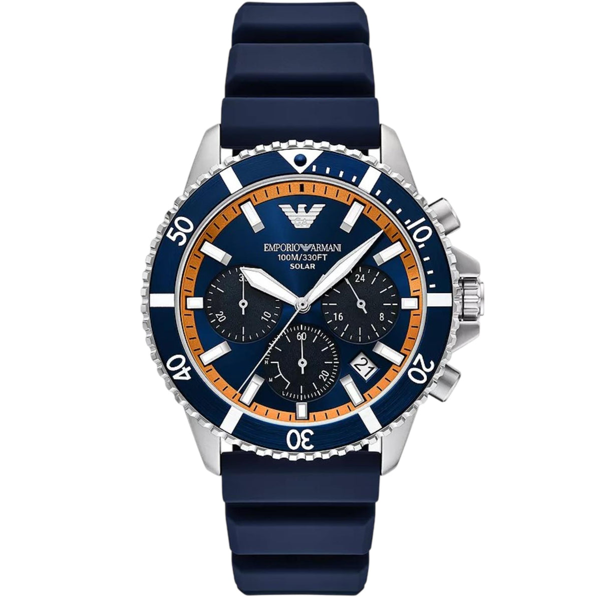 Men's solar chronograph watch, blue dial with orange bezel, silicone strap