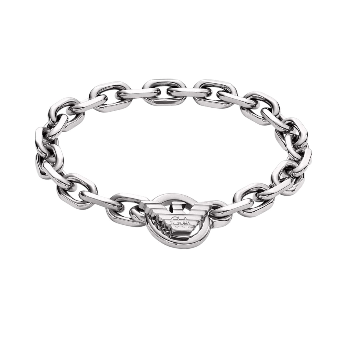 Emporio Armani mens stainless steel ID bracelet EGS3236040 with chain links and signature eagle logo centrepiece