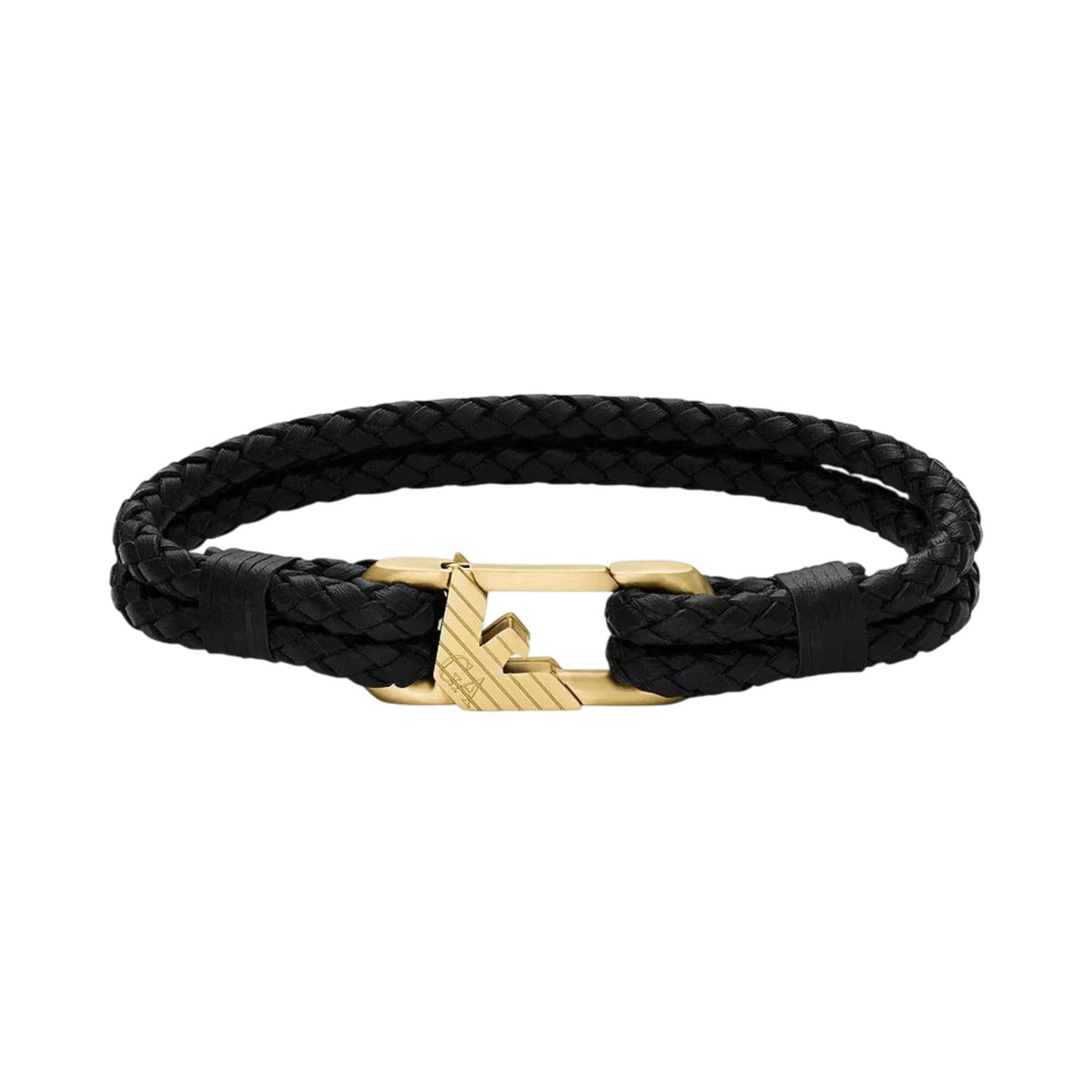 Emporio Armani mens black woven leather ID bracelet EGS3245710 with gold tone eagle logo clasp