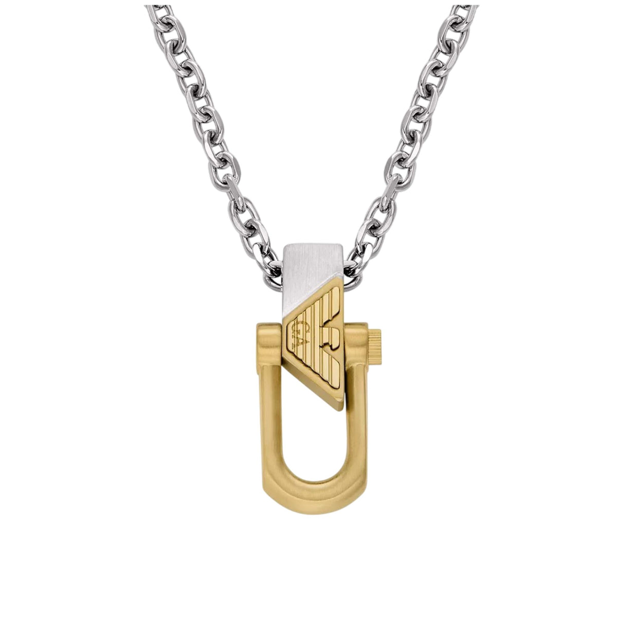 Close-up view of Emporio Armani mens two-tone stainless steel shackle pendant EGS3243040 with gold tone eagle logo emblem