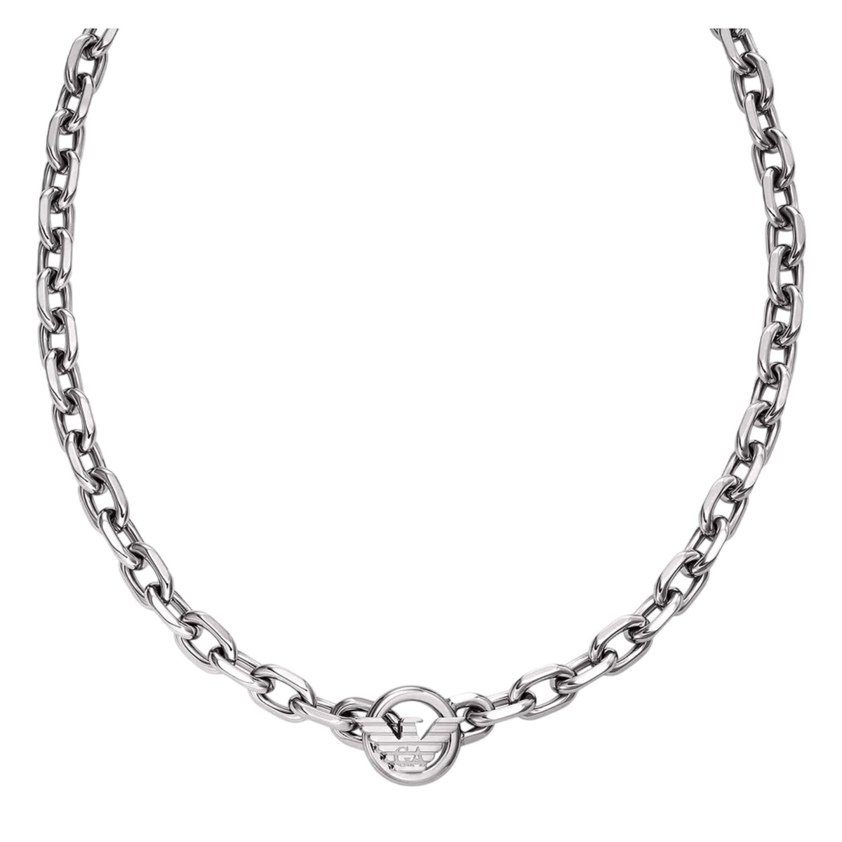Close-up view of Emporio Armani mens ID stainless steel chain necklace EGS3235040 with circular eagle logo pendant charm